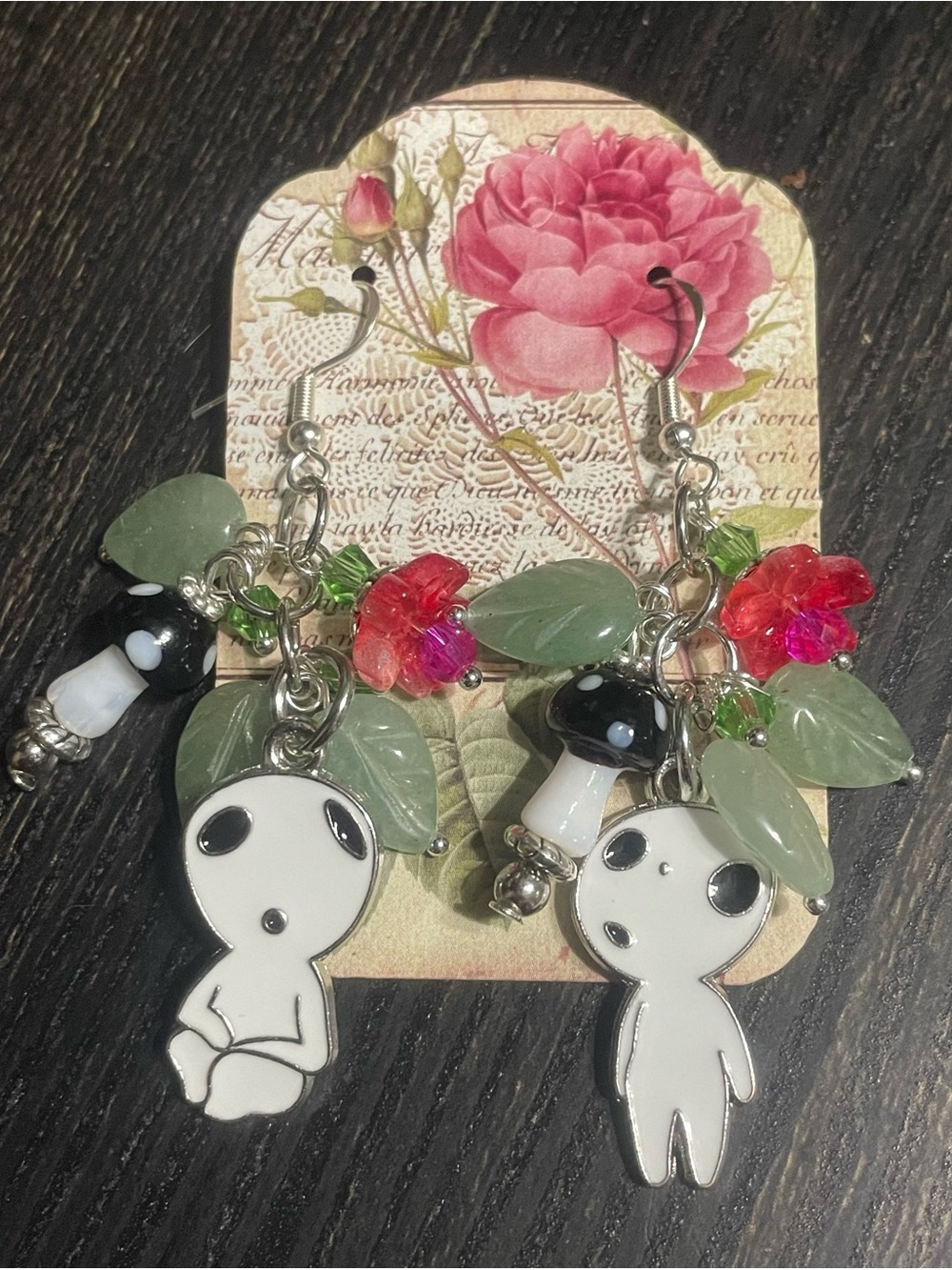Handmade Kodama Charm Earrings with Green Leaves & Red Flowers